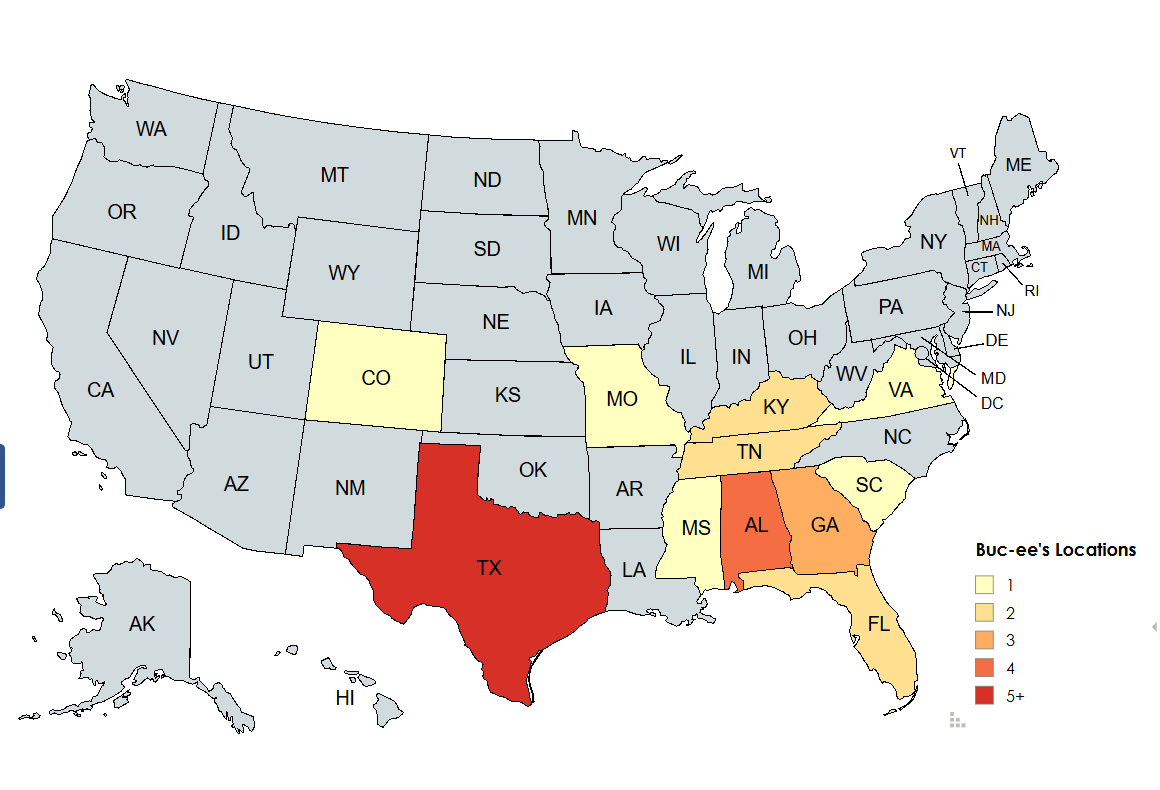 Map of Buc-ee’s locations by state (gray = no locations)