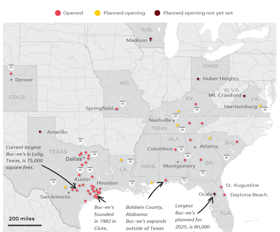 Map showing opened and planned Buc-ee’s locations across the U.S.
