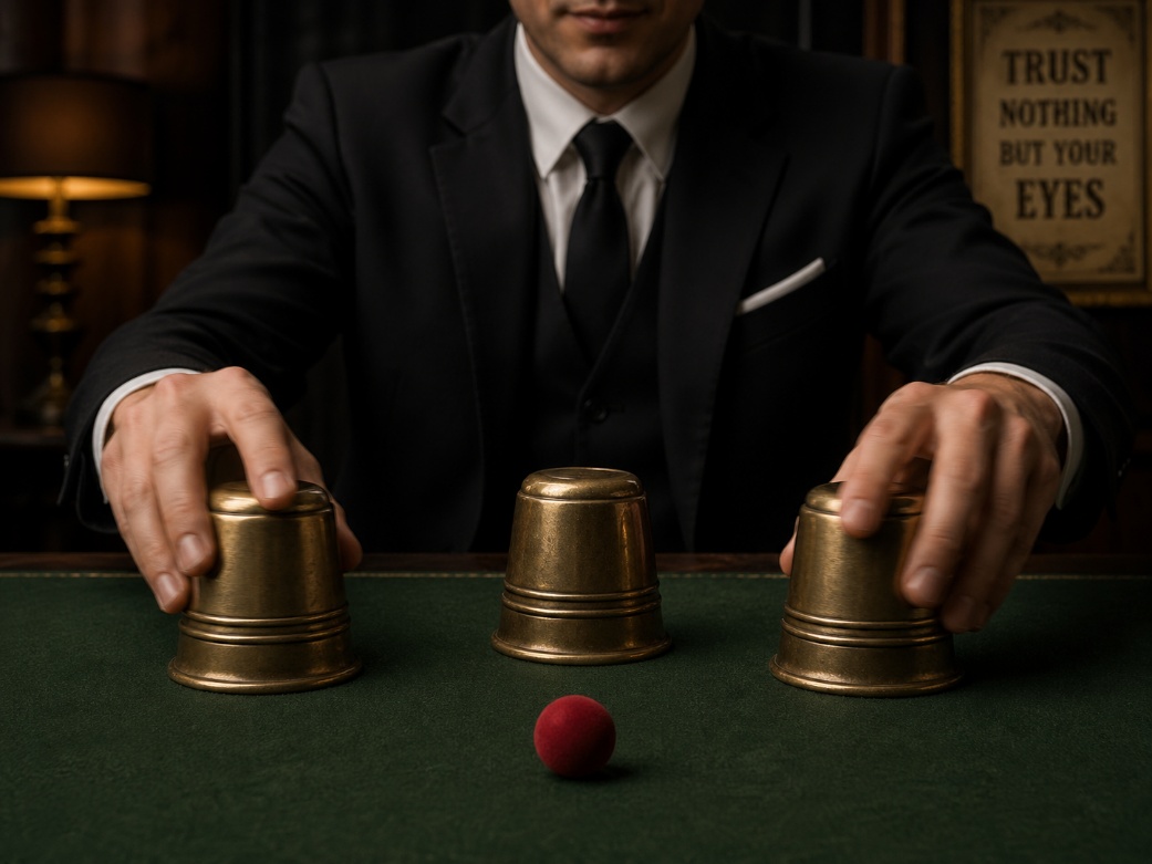 Example of the game where a ball is shuffled by cups